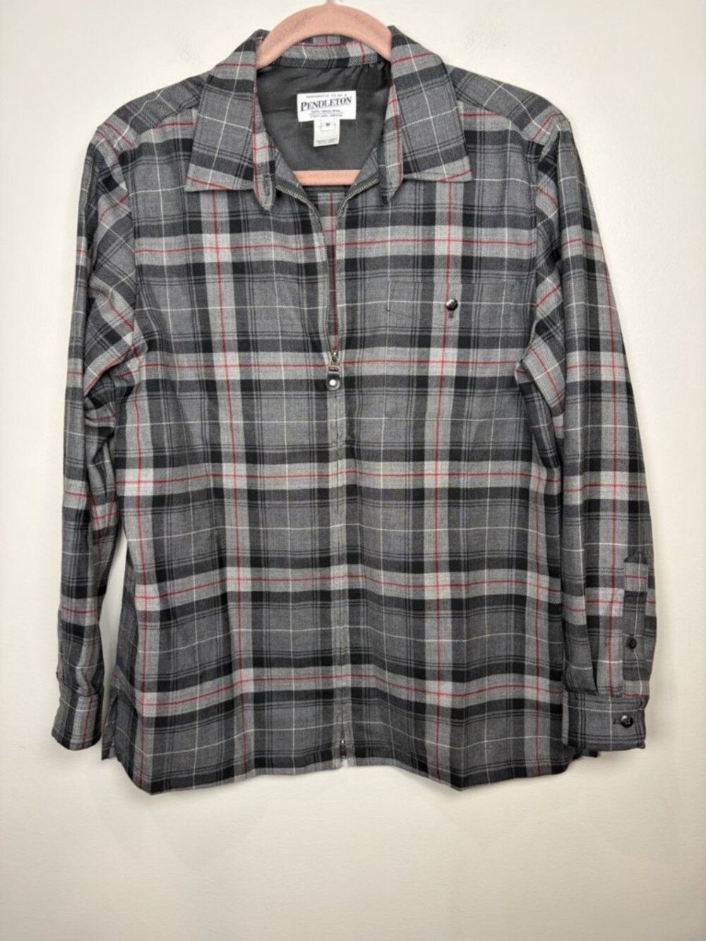 Pendleton Wool Shirt Jacket Womens Medium Full Zip Plaid Tartan Gray